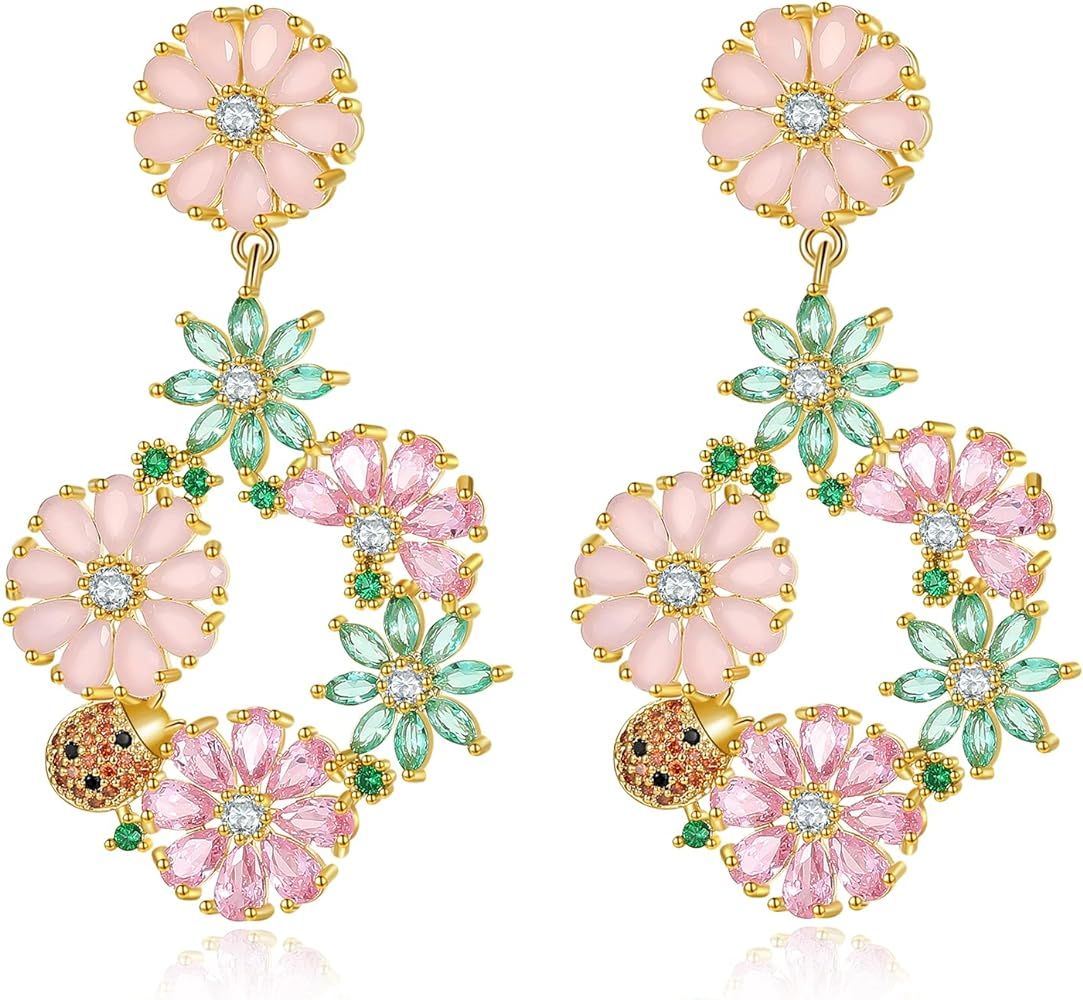 Flower Cubic Zirconia Earrings for Women, 925 Sterling Silver CZ Cluster Flower Crystal Rhineston... | Amazon (US)