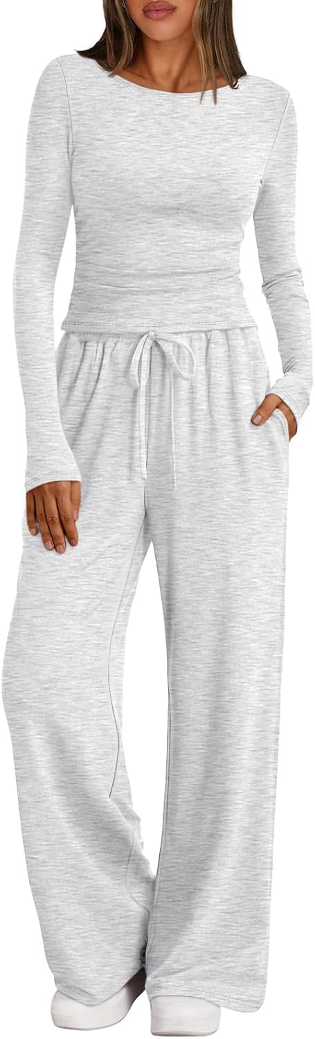Trendy Queen Women's 2 Piece Matching Lounge Set Boat Neck Slim Fitted Top Wide Leg Pants Casual Tracksuits | Amazon (US)