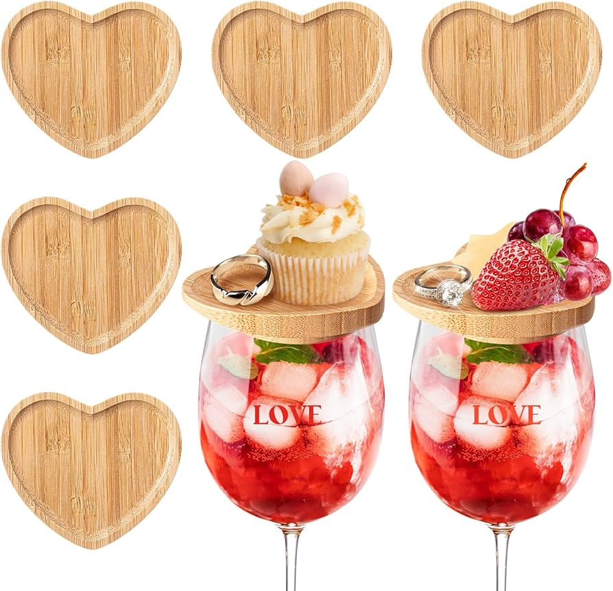 Mumufy 8 Pcs 3.5 Inch Bamboo Wine Glass Charcuterie Topper Heart Shape Wine Glass Covers Dual Use... | Amazon (US)