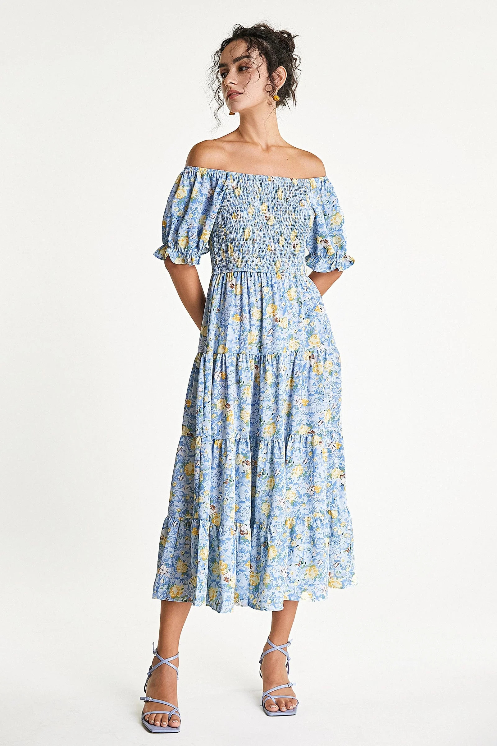 Light Blue Off-the-Shoulder Floral Print Smocked Midi Dress | J.ING