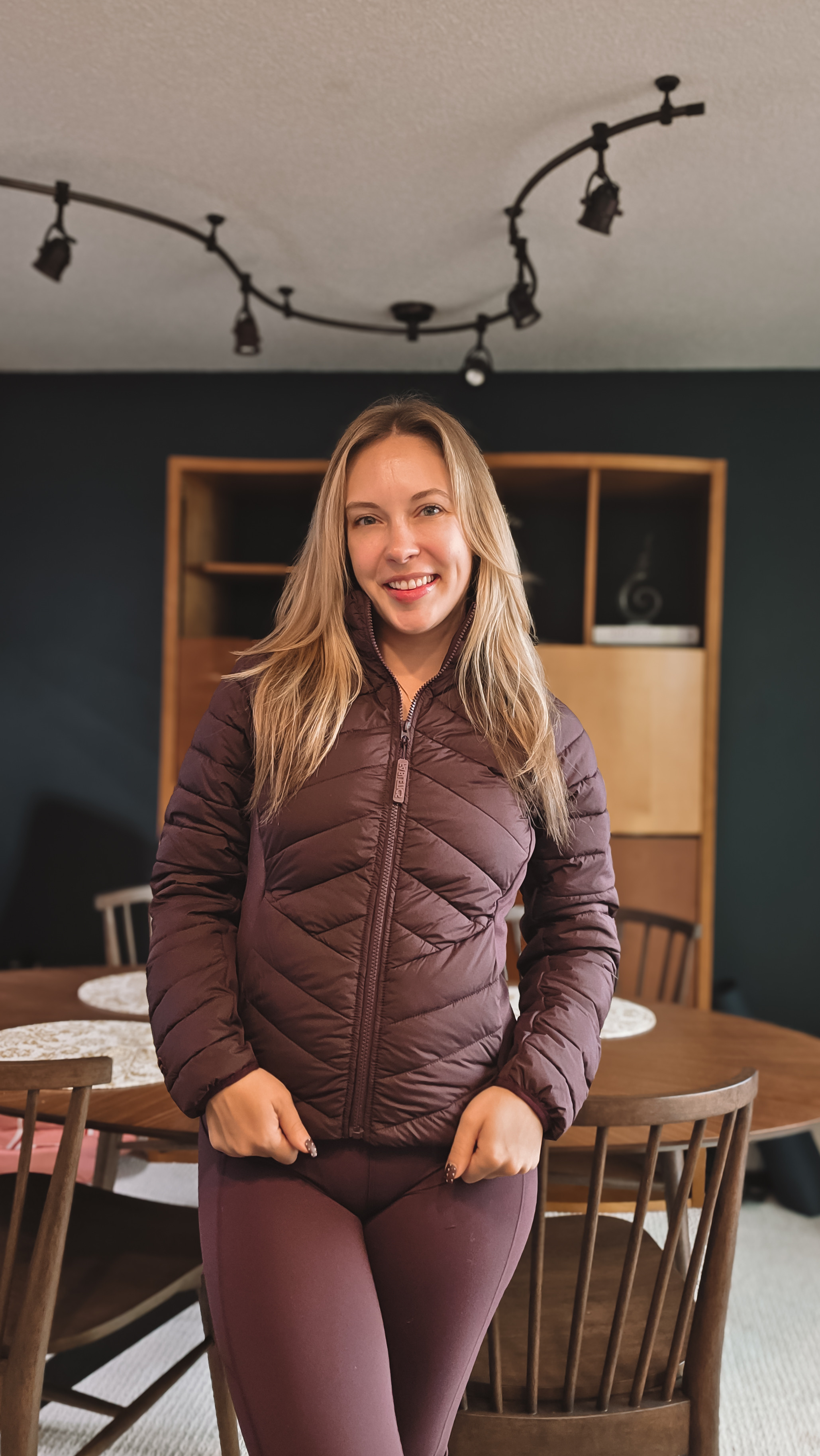 new fabletics oxblood drop. love the puffer, super flattering and warm! the leggings are a little long if you are petite, but i linked a pair that has a bit shorter inseam. wearing small in everything! 

 #LTKootd #LTKActive #LTKPetite