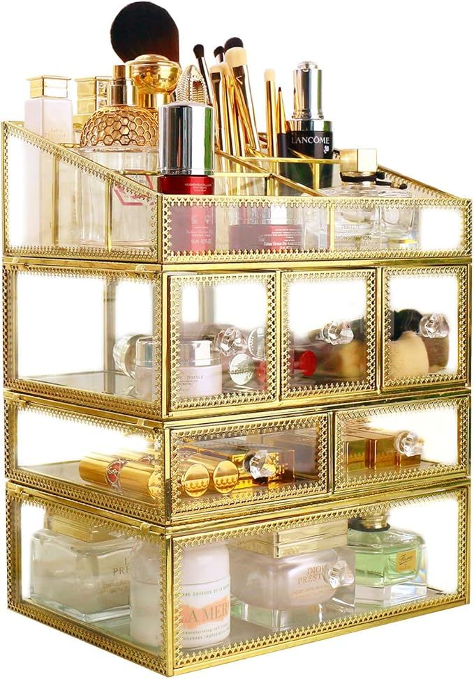 minopigo Antique Spacious Mirror Glass 6Drawers Vanity Tray Set/Gold Metal Cosmetic Makeup Storag... | Amazon (US)