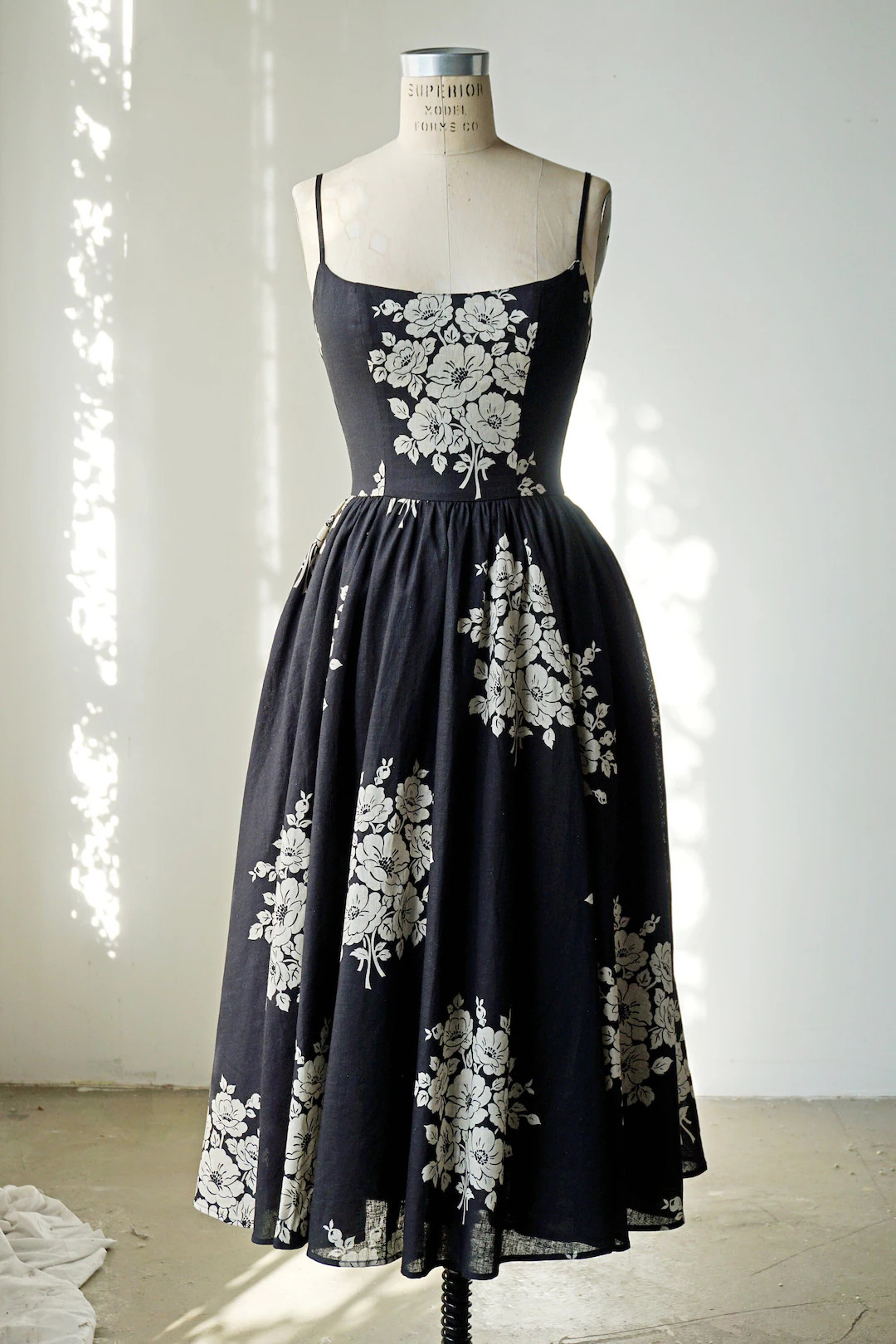 Black Linen Cotton Vintage Floral Midi Dress: Fit & Flare with Pockets | Etsy (US)