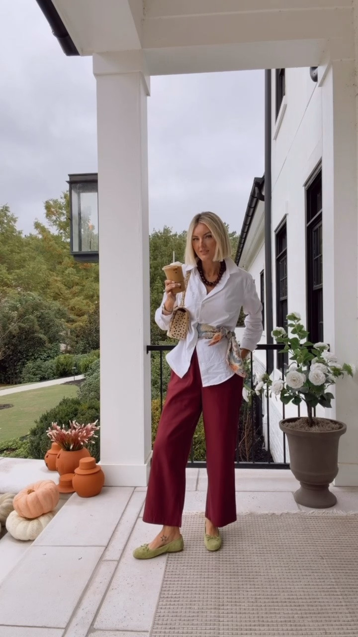 An outfit I wore this weekend! I styled my scarf in a different way that I haven’t tried before, and I really like how it turned out! Wearing M in shirt & XS in pants!

Loverly Grey, fall outfit, white button down, scarf styling, wide leg pants, burgundy pants, bauble bar necklace

#LTKSeasonal #LTKootd