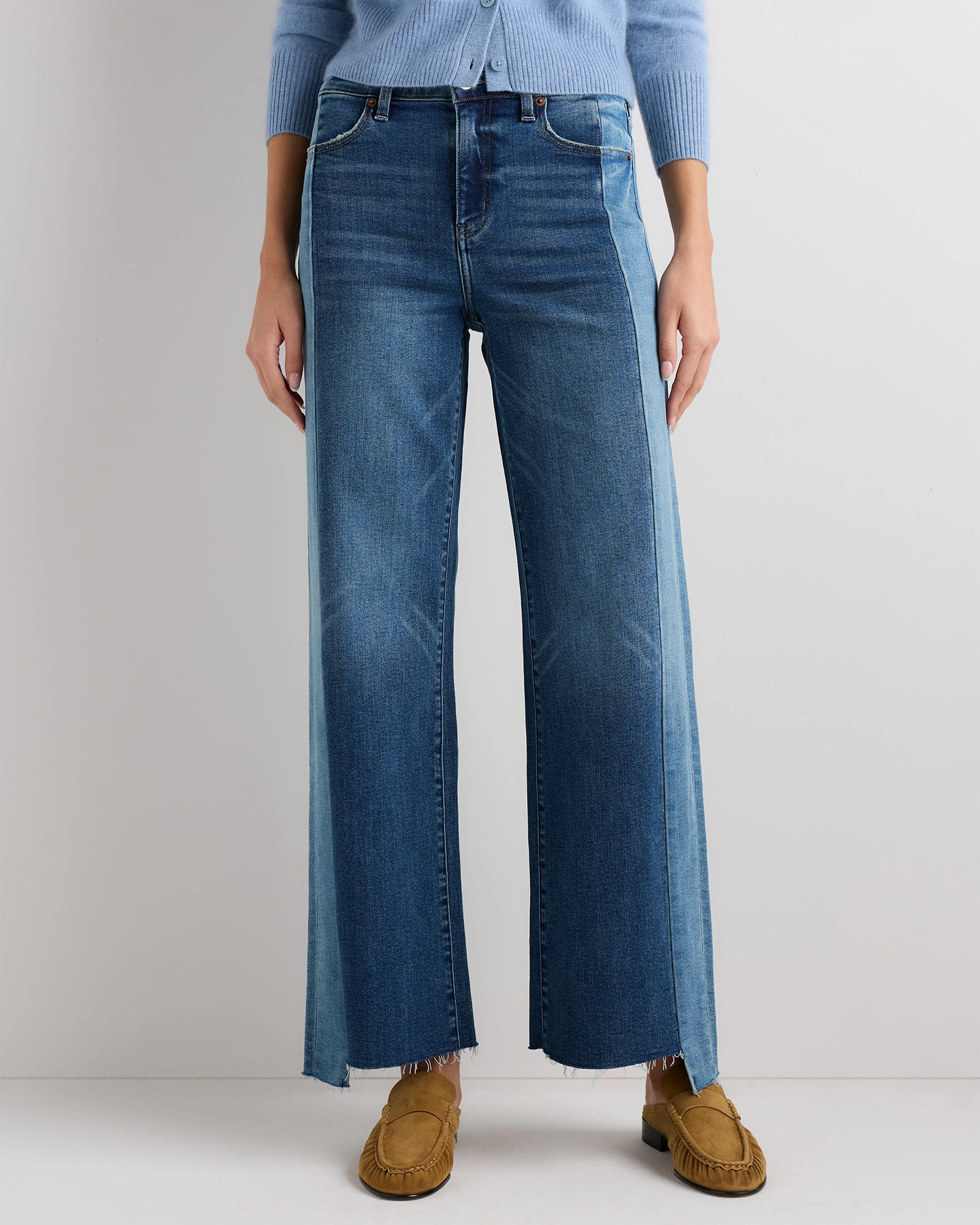 Quince | Women's Bella Stretch Colorblock Wide Leg Jeans in Pieced Indigo Blue, Size 27, Cotton | Quince