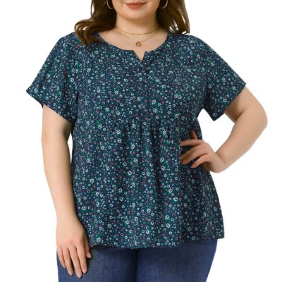 Agnes Orinda Women's Plus Size Floral Split Neckline Short Sleeve Casual Blouses Dark Blue 4X | Target