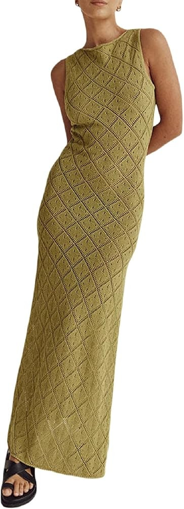 Women Y2k Crochet Knitted Halter Long Dress V Neck Sleeveless Maxi Midi Dress Sexy Open Back Beac... | Amazon (US)