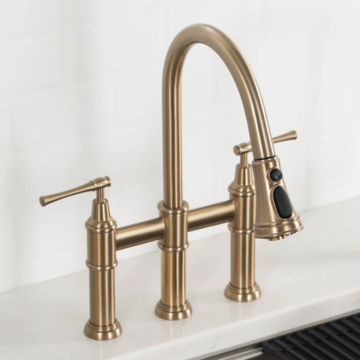 KRAUS Allyn Transitional Bridge Kitchen Faucet with Pull-Down Sprayhead KPF-3121BG | Wayfair North America