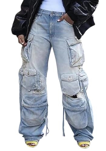 NRTHYE Cargo Jeans for Women Y2K High Waist Baggy Denim Cargo Pants with Pocket Streetwear | Amazon (US)
