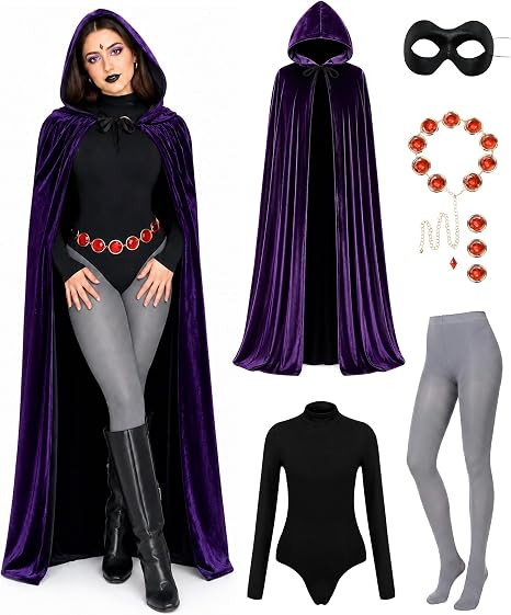 Raven Costume for Women, 6 Pcs Raven Cosplay Costume Set with Purple Hooded Cloak Bodysuit Gray T... | Amazon (US)