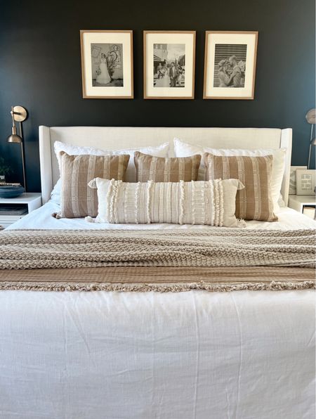 How to: style throw pillows for a king size bed. Here I used two euro pillows (26x34), three throw pillows (20x20), and one oversized lumbar pillow (36x14) . Bedroom decor, home decor 

#LTKunder50 #LTKFind #LTKhome