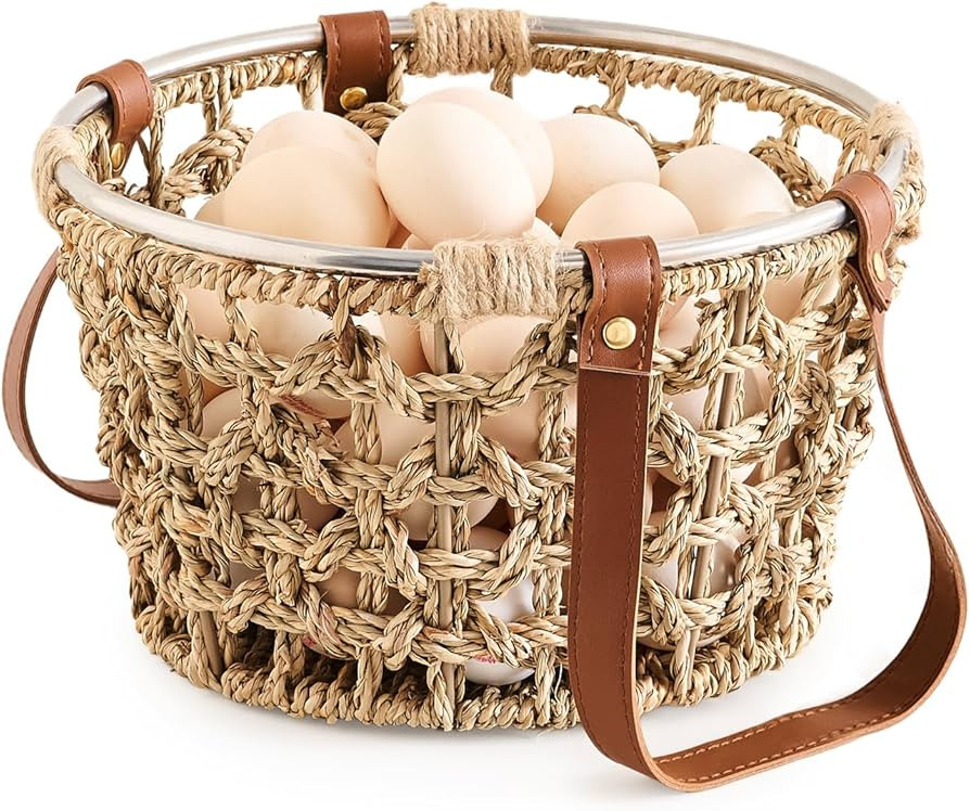 Farmhouse Seagrass Egg Baskets - Handmade Wicker Egg Collecting Basket with Handle | Amazon (US)