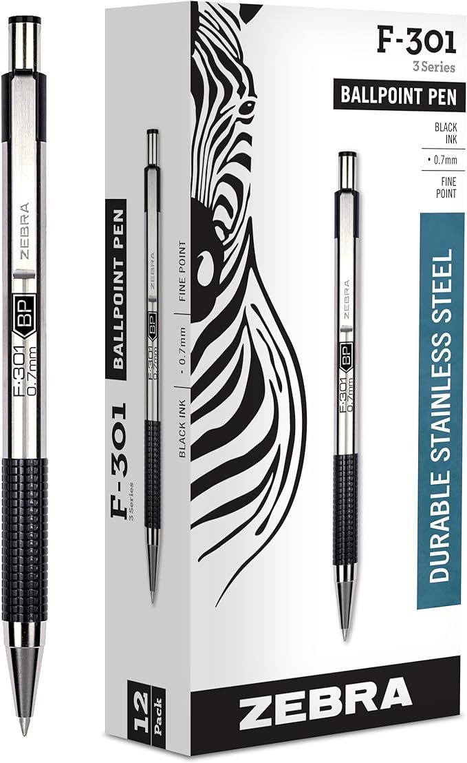 Zebra Pen F-301 Ballpoint Stainless Steel Retractable Pen, Fine Point, 0.7mm, Black Ink, 12-Count... | Amazon (US)