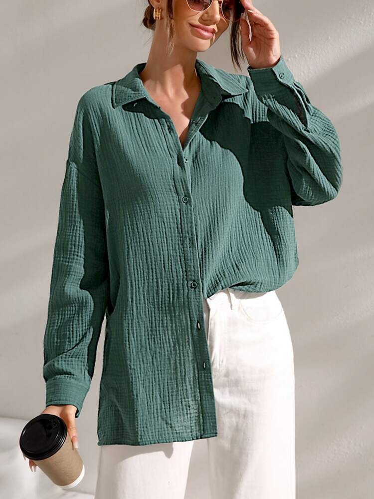 SHEIN Frenchy Drop Shoulder Solid Longline Shirt | SHEIN