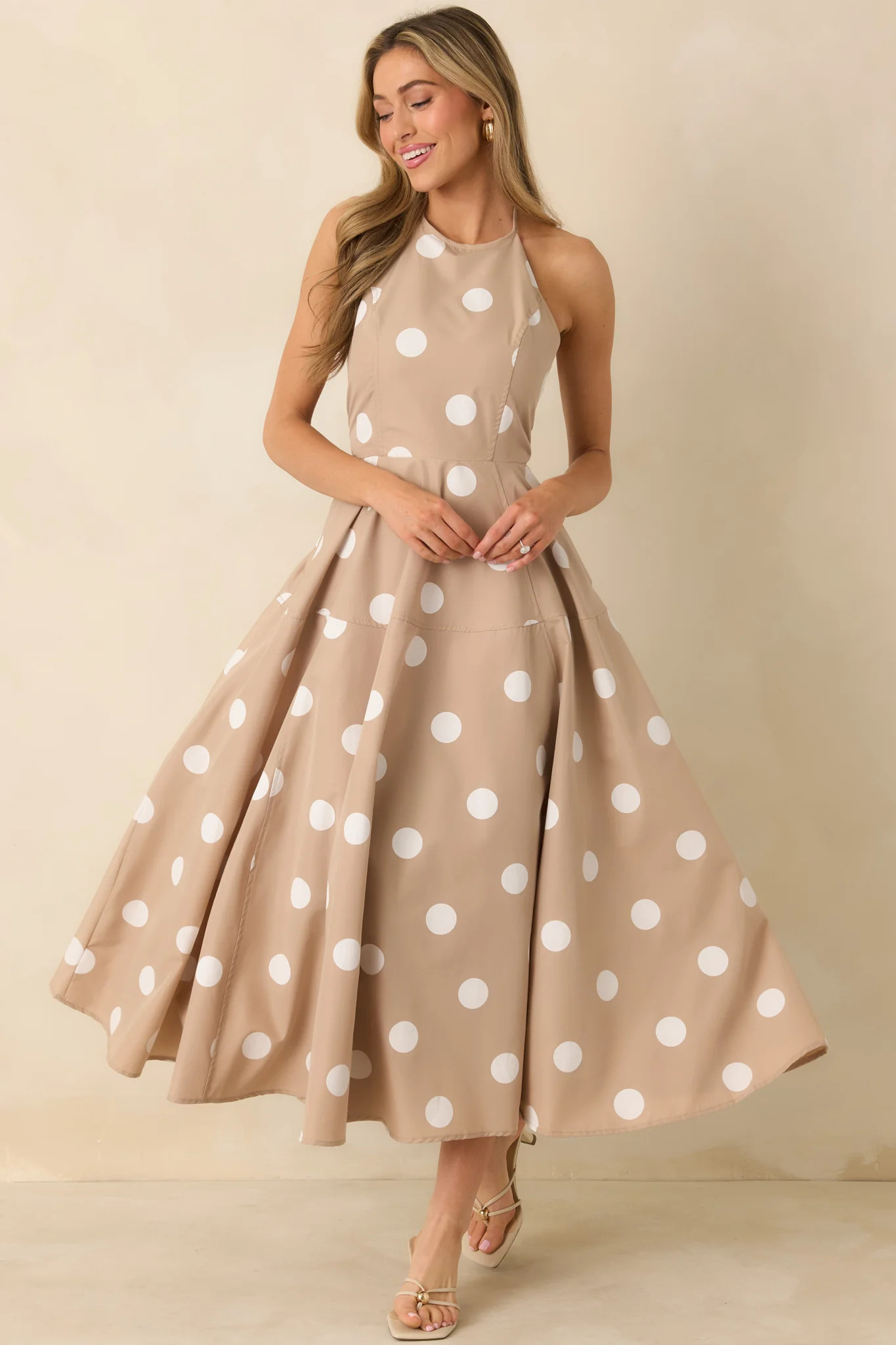 Made For Twirling Taupe Polka Dot Halter Maxi Dress | Red Dress