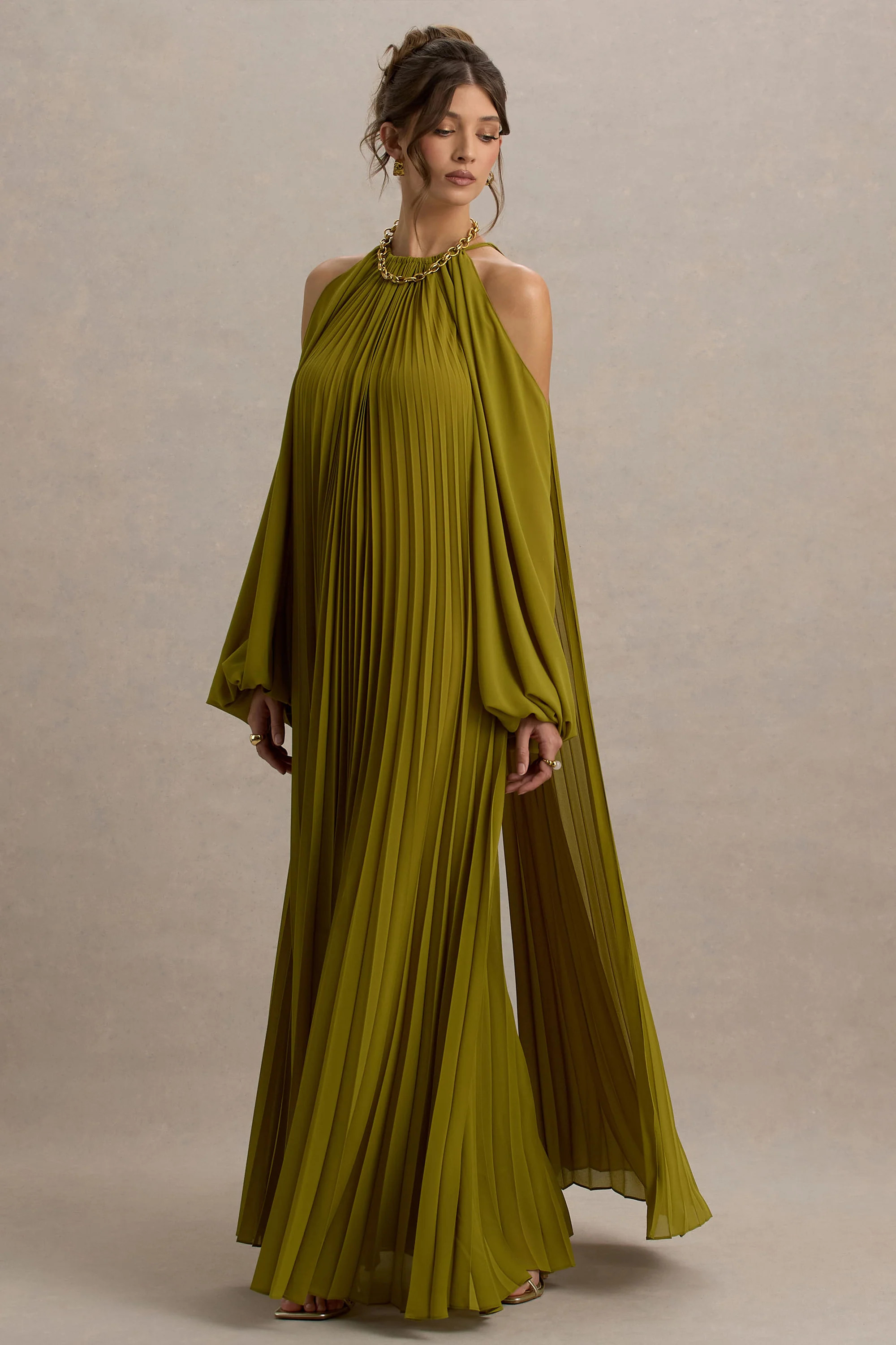 Reyna | Olive Pleated Chiffon Cold-Shoulder Maxi Dress | Club L London