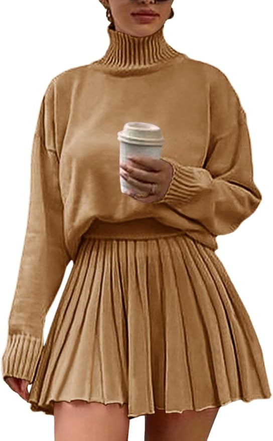 Women's 2 Piece Outfits Turtleneck Long Sleeve Oversized Pullover Sweaters and Pleated Mini Skirt... | Amazon (US)
