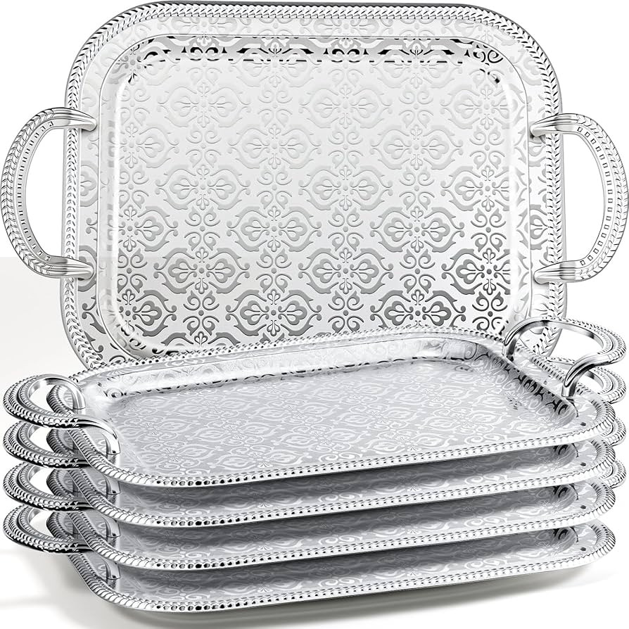 4 Pcs Silver Serving Tray with Handles Elegant Victoria Floral Engraved Metal Platters Large Deco... | Amazon (US)