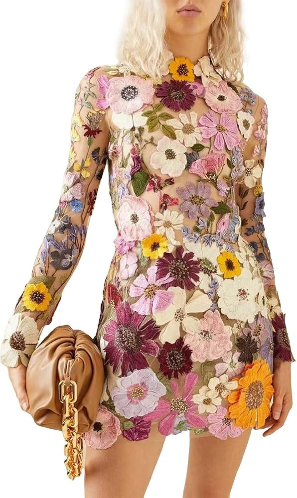 Women's 3D Floral Embroidery Dress Sheer Mesh Long Sleeve Round Neck Lace Bodycon Party Cocktail ... | Amazon (US)