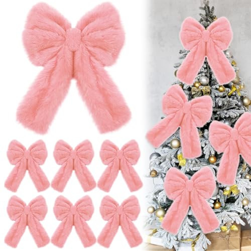 Janinka 6 Pcs Large Pink Christmas Bow Ornaments 13.4x9.1 Inch Big Plush Faux Fur Bow Decorations Furry Xmas Tree Topper for Wreath Door Window Fireplace Staircase Decor | Amazon (US)