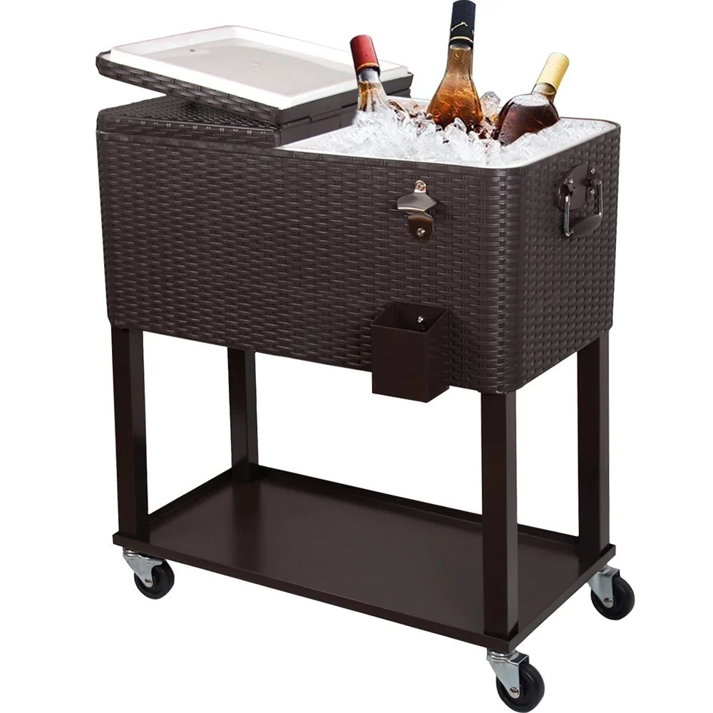 Zimtown 80 Quart Rattan Rolling Cooler Cart Ice Beer Beverage Chest on Wheels with Shelf - Walmar... | Walmart (US)