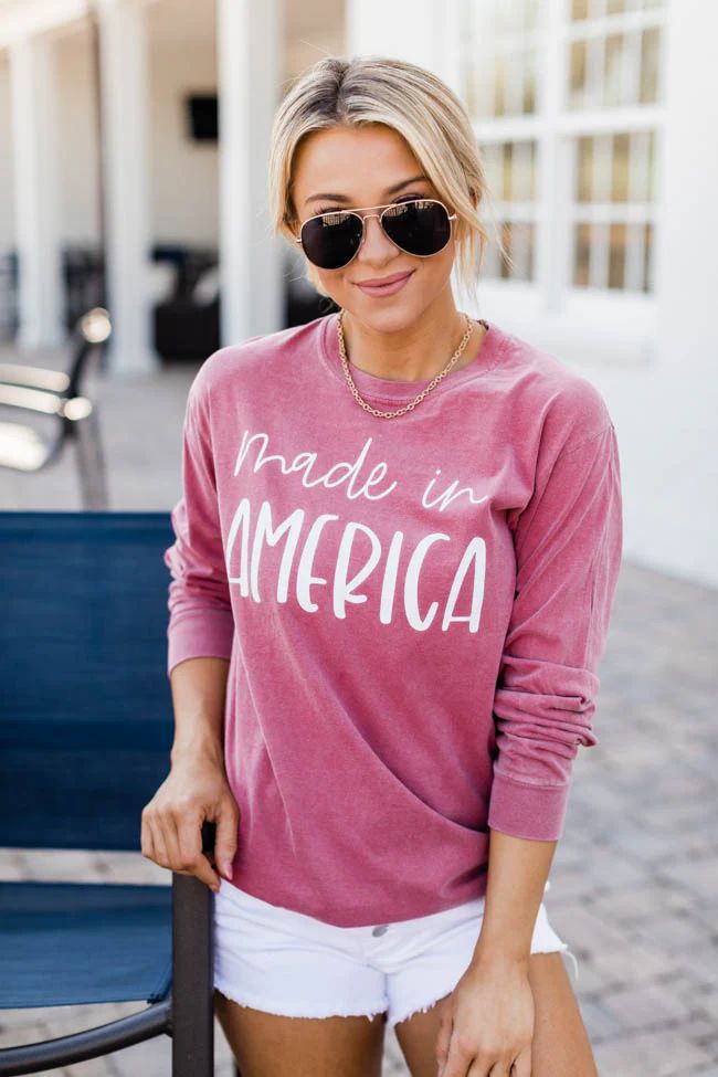 Made In America Scripted Graphic Crimson Long Sleeve Tee | The Pink Lily Boutique