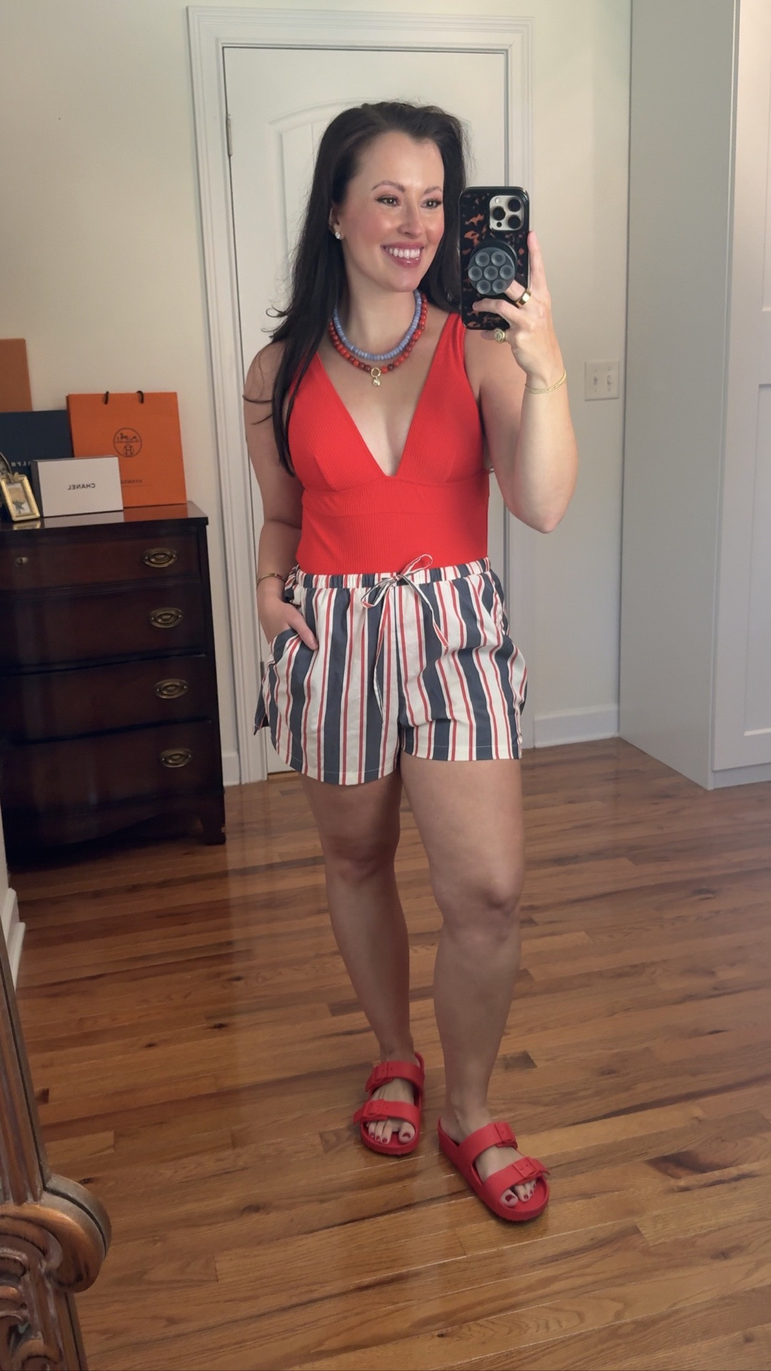 4th of July outfits 
Swimwear beachwear 
Americana style 
Summer outfits 
Summer dresses
Vacation outfits beach 
Date night outfits 
Target summer outfits 
Red one piece swimsuit (medium)
Striped shorts (small)
Red sandals

#LTKTravel #LTKSwim #LTKSeasonal