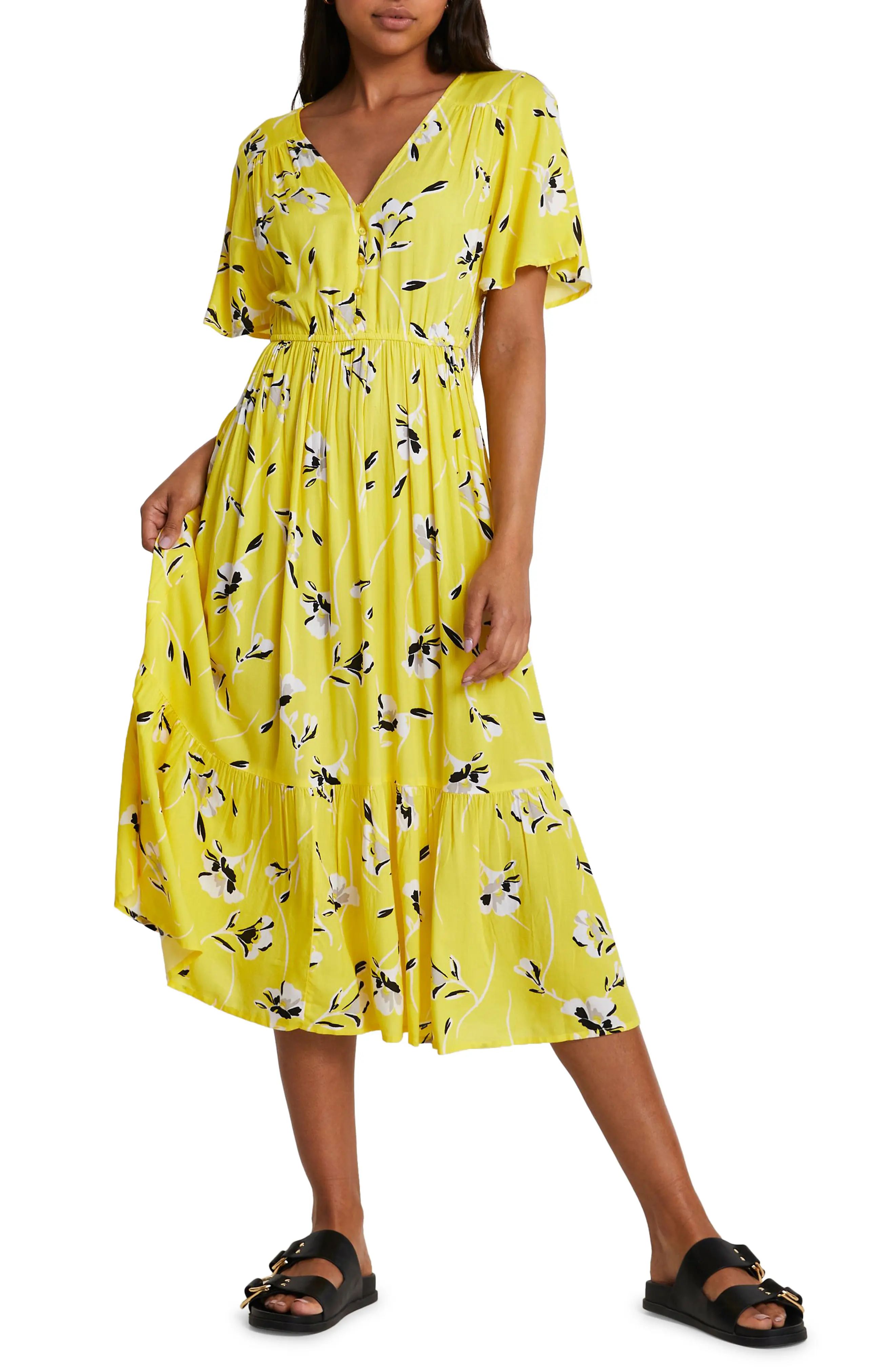 River Island Short Sleeve Floral Dress in Yellow at Nordstrom, Size 6 Us | Nordstrom