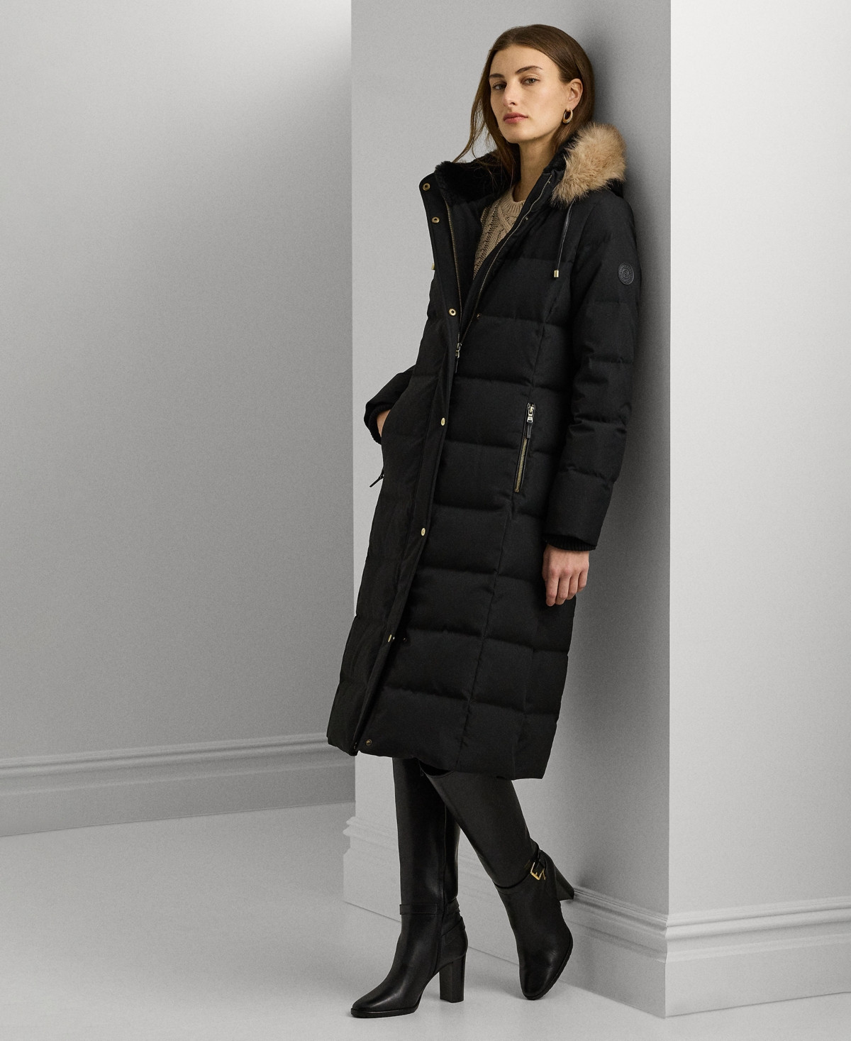 Lauren Ralph Lauren Women's Maxi Faux-Fur-Trimmed Hooded Puffer Coat - Black | Macy's