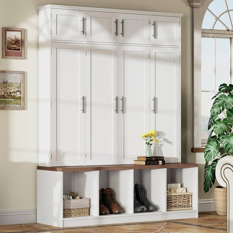Hall Tree with Entryway Bench and Shoe Cabinet, Multi-Functional Seating Bench with 4 Hanging Hoo... | Amazon (US)