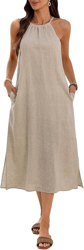 Women's 100% Linen Midi Dress Halter Neck 2026 Dress Sleeveless Flowy Beach Sun Dresses with Pock... | Amazon (US)