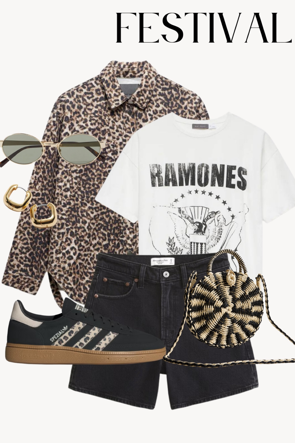 Leopard print denim shacket, black high rise loose denim shorts, Ramones band tee, adidas Spezial with leopard print stripes, gold hoop earrings, sunglasses & straw crossbody bag.
Animal print, festival outfit, rock chick style, Glastonbury, festival look.

#LTKstyletip #LTKsummer #LTKcurves