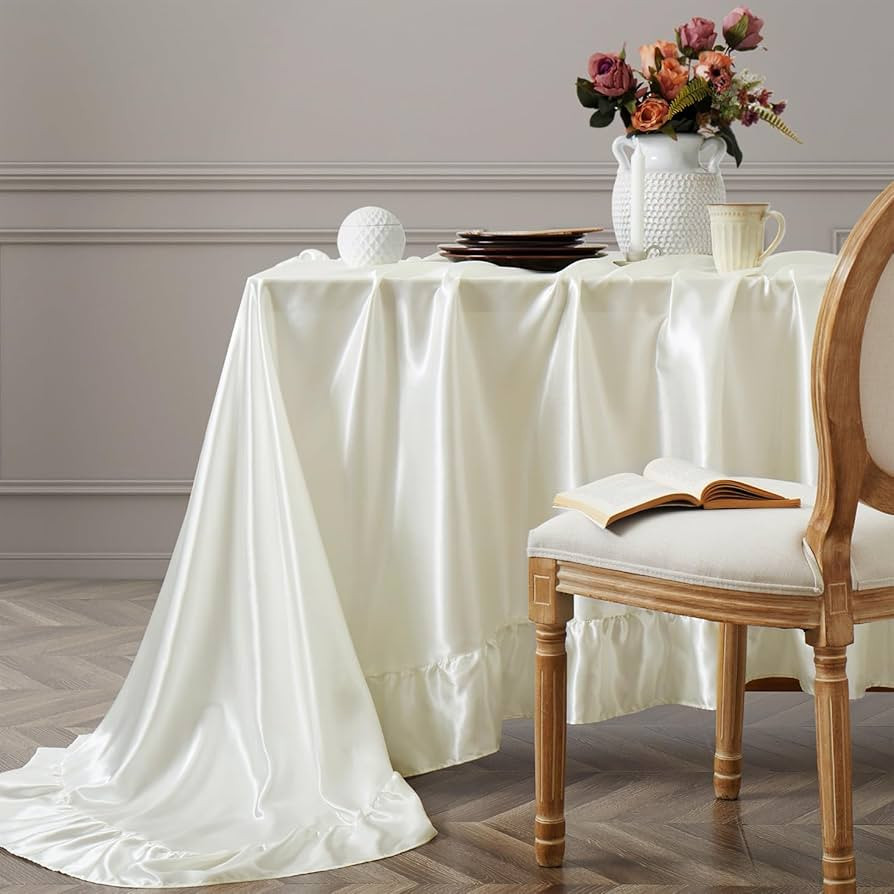 Vonty Ruffle Tablecloth White Satin Tablecloth - 60" x 120", Silky Table Cloth Rectangle Scallope... | Amazon (US)