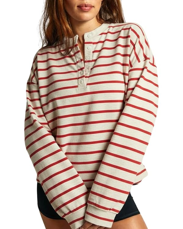 Almere Oversized Cotton Henley Longsleeve Tee, Striped Button Down, Boyfriend Fit | Amazon (US)