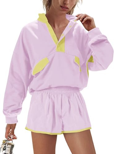 LAMISSCHE Oversized Shorts Sets Women 2 Piece Outfits Long Sleeve Sweatshirts & Shorts Workout Sets with Pockets(Lt Purple,M) | Amazon (US)