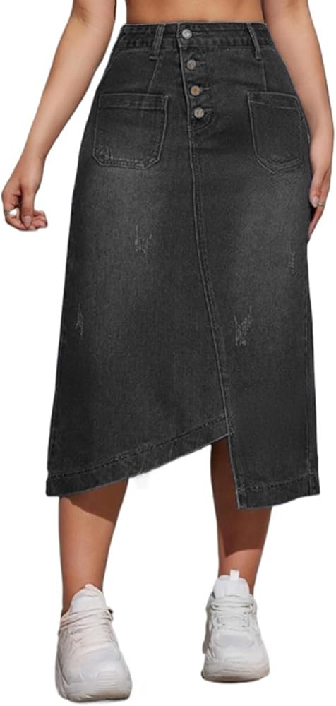 Womens Casual Slit Denim Midi Jean Skirt Stretch High Waist Frayed Button Up with Pockets | Amazon (US)
