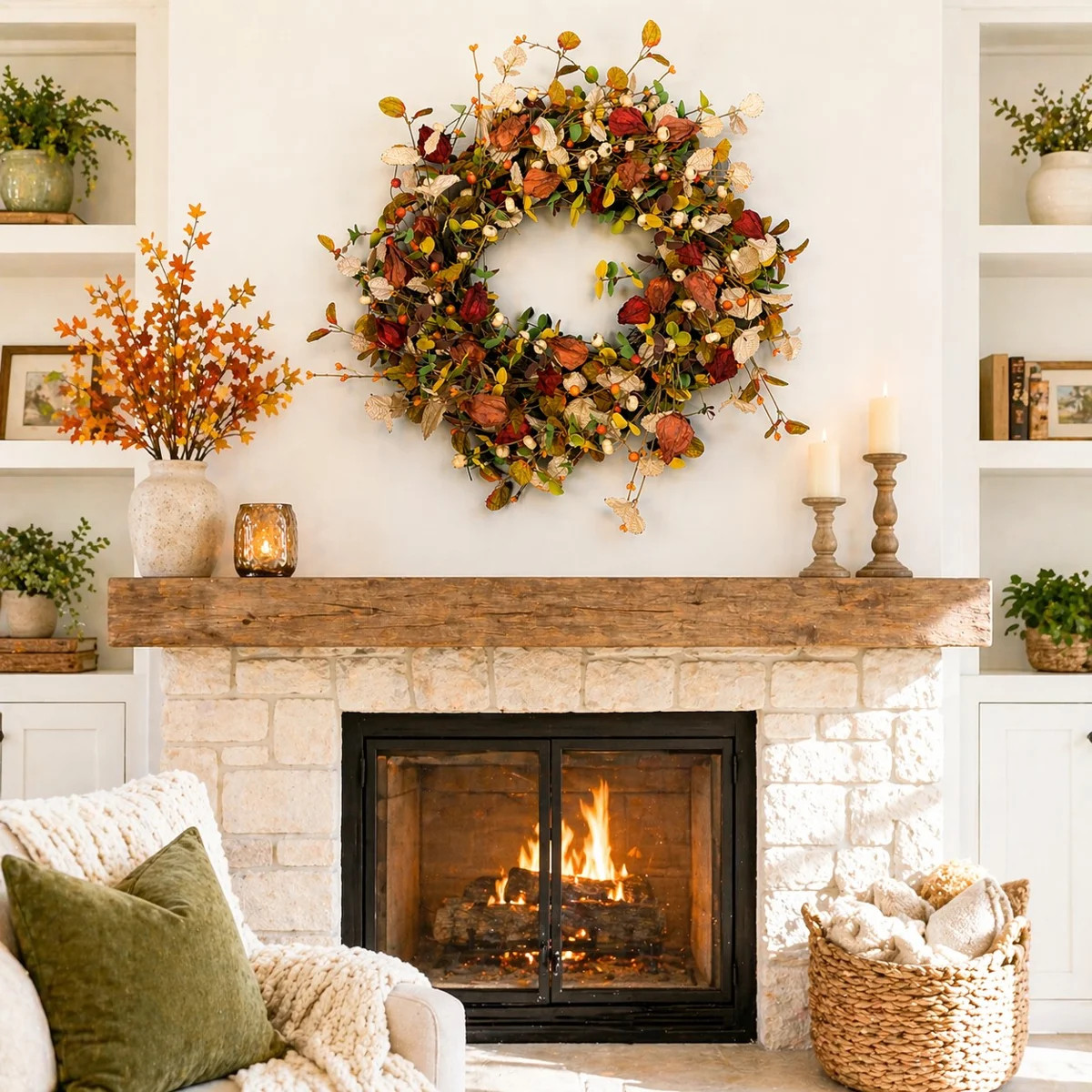 22" Artificial Farmhouse Fall Harvest Foliage Dried Leaves Berry Autumn Thanksgiving Day Front Do... | Wayfair North America