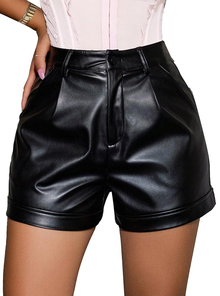 Avanova Women Faux Leather High Waisted Shorts Pleated Casual Summer Shorts | Amazon (US)