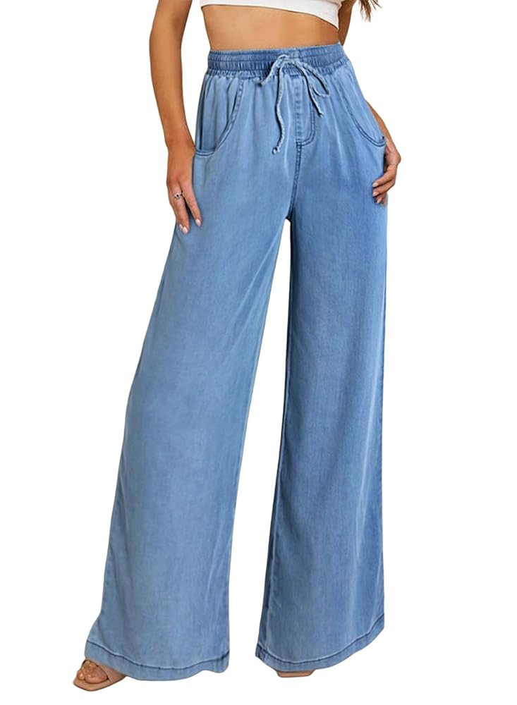 Sidefeel Women's Drawstring Wide Leg Jeans High Waisted Loose Fit Denim Pants | Amazon (US)