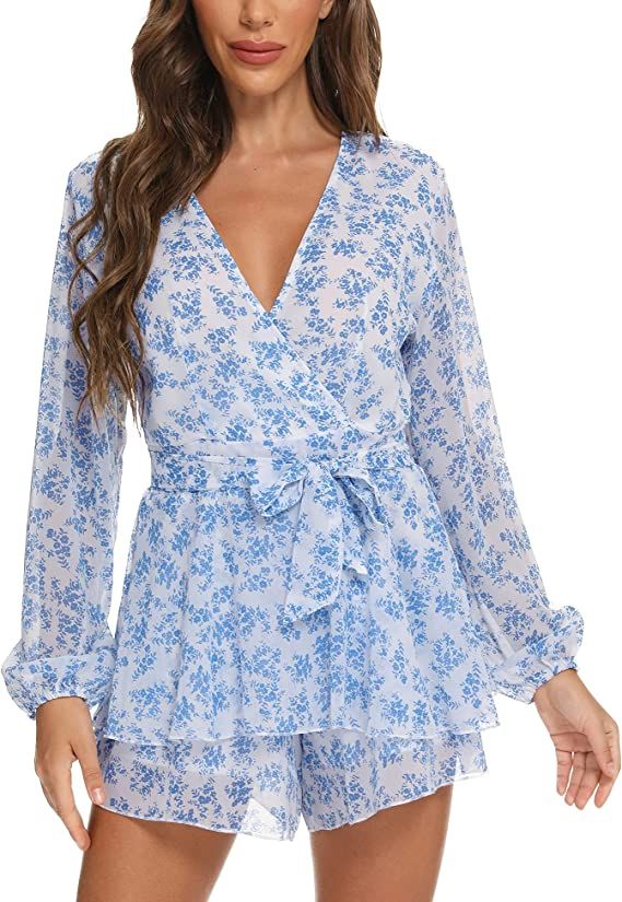 Relipop Women's Polka Dot Jumpsuits Deep V-Neck Long Sleeve Knot Front Ruffle Hem Floral Rompers | Amazon (US)