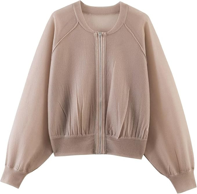 Chevara Women’s Knit Bomber Jacket Casual Round Neck Long Sleeve Zip Up Spring Lightweight Crop... | Amazon (US)