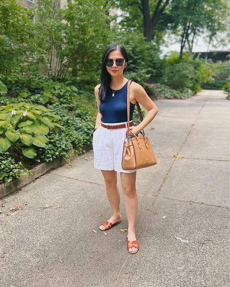 Navy tank (XS)
White shorts (SP)
Gold initial necklace
Tortoise sunglasses
Brown sandals
Kate Spade Knott satchel 
Brown bag
Tan bag
Casual summer outfit
Mom outfit

#LTKSeasonal #LTKFind #LTKunder50