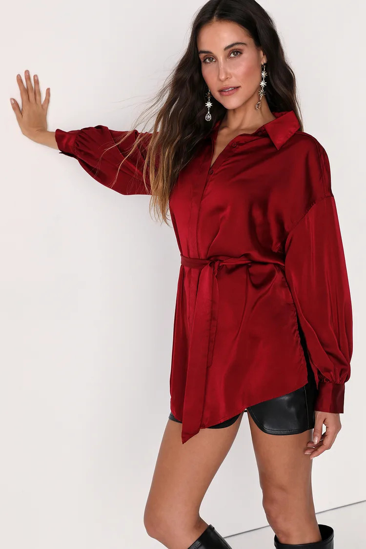 Burgundy Satin Top | Satin Shirt | Christmas Top | winter going out outfit winter going outfits | Lulus (US)