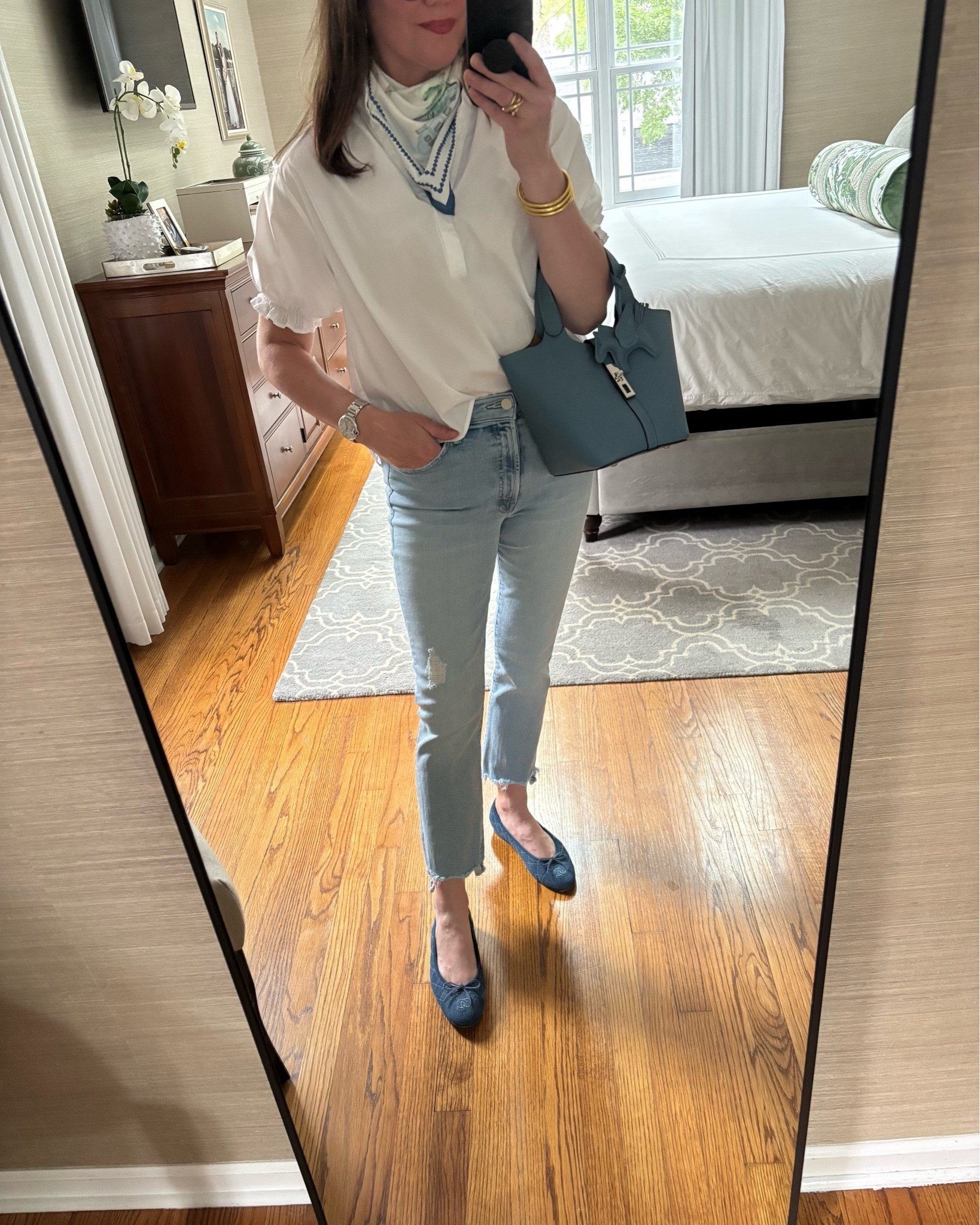 Soft blues + whites. Tucked a scarf into this shirt sleeve white top, added a light wash jean,  denim flats and this adorable handbag (budget friendly!!) Great spring look!