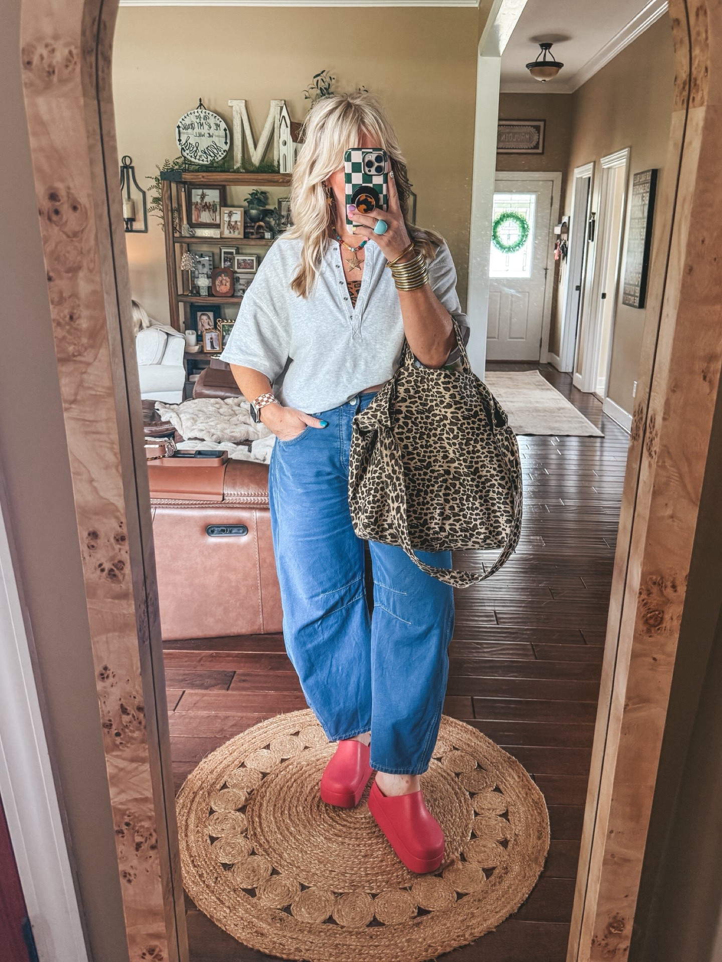 This Henley is so cute, comes in more colors. Love these blue barrel jeans and added in some leopard with this cutie bag! 
Top M
Jeans true to size 
Crocs - last year color
⭐️Necklace save with code MANDIE
#springoutfit #freepeople #aerie

#LTKootd #LTKOver40