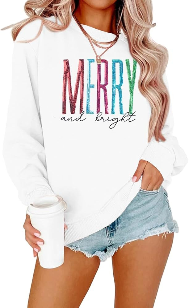 Merry and Bright Sweatshirt Women Sequin Merry Christmas Sweater Embroidery Xmas Crewneck Pullove... | Amazon (US)