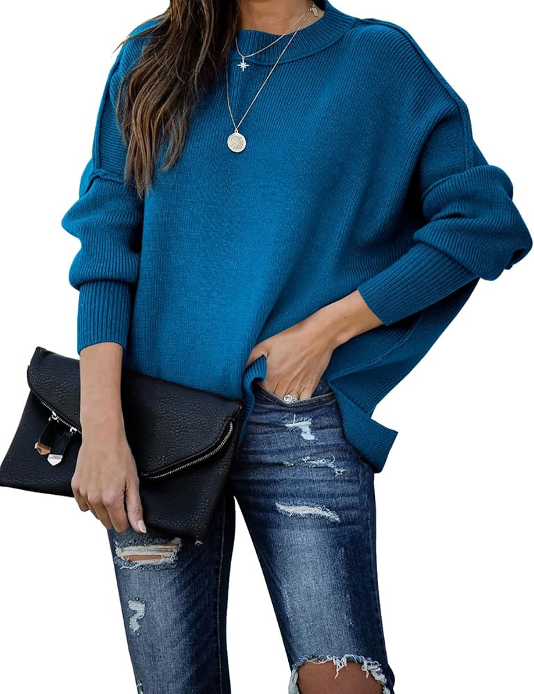 SERAIH Womens Batwing Sleeve Pullover Loose Side Split Oversized Solid Sweaters Drop Shoulder Slouch | Amazon (US)
