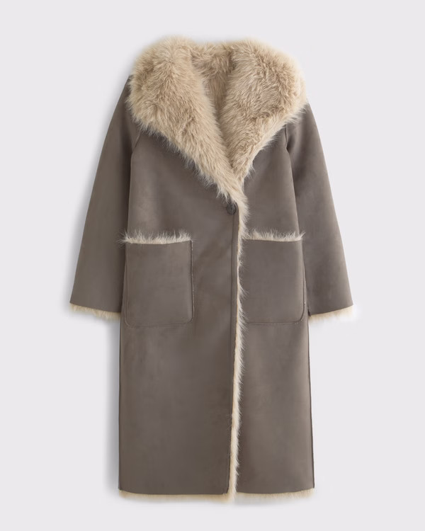 Women's Reversible Vegan Suede Shearling Long Coat | Women's Coats & Jackets | Abercrombie.com | Abercrombie & Fitch (US)
