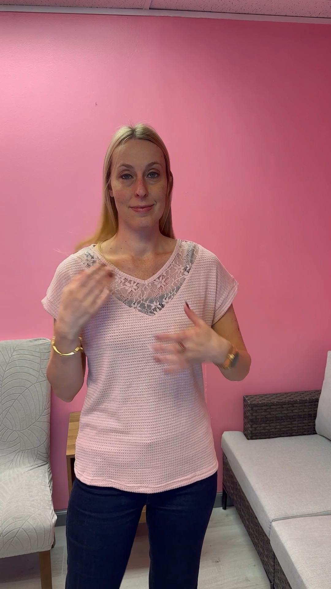 Pink waffle knit blouse  
💓 i love the cute lace in the front. A casual top for spring 
💓it does have a good bit of stretch to it 
💓 wearing size small, fits true to size and I am 5’10”


#LTKTall #LTKFindsUnder50 #LTKWorkwear