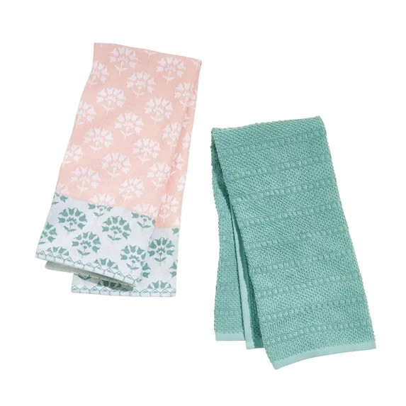 Beautiful Home by Drew Barrymore Floral Block Jacquard Kitchen Towel Set, 2 Piece, Rose, 18" x 28... | Walmart (US)